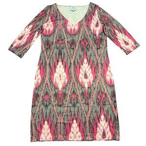 Tracy Negoshian XS Pink/Gray Ikat Print V-Neck Dress 3/4 Sleeve Stretchy